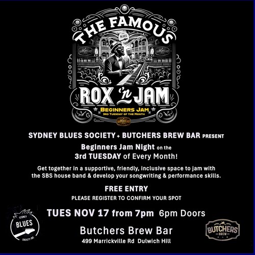 SYDNEY BLUES SOCIETY BEGINNERS JAM NIGHT - LIVE AT BUTCHERS BREW BAR! event artwork